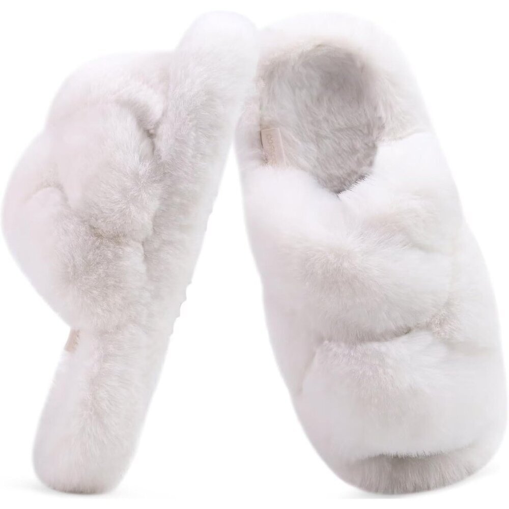 Women's White Open Toe Slide Faux Fur Fuzzy Fluff Brown Slippers Shoes